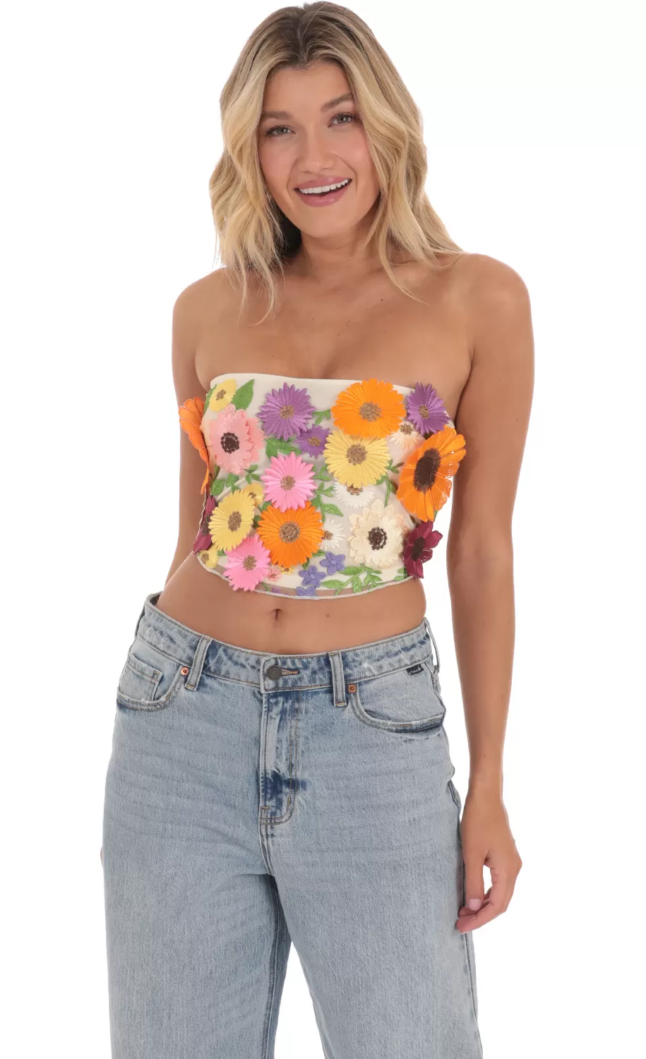 3-D Flower Strapless Top In Cream^LUCY IN THE SKY New