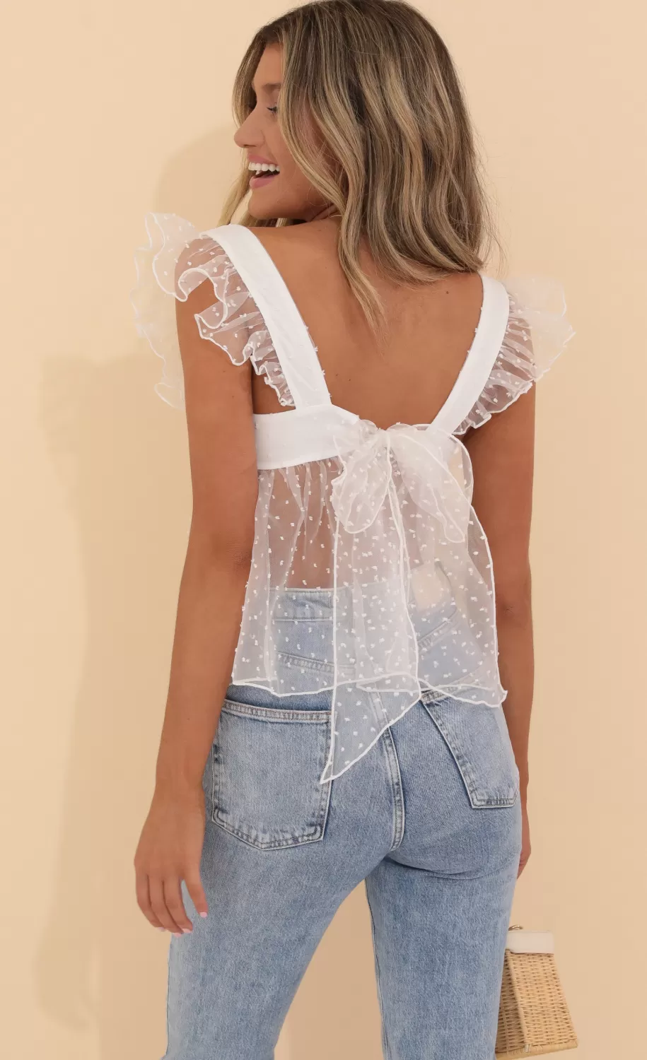 Baby Doll Top In White Dots^LUCY IN THE SKY Clearance