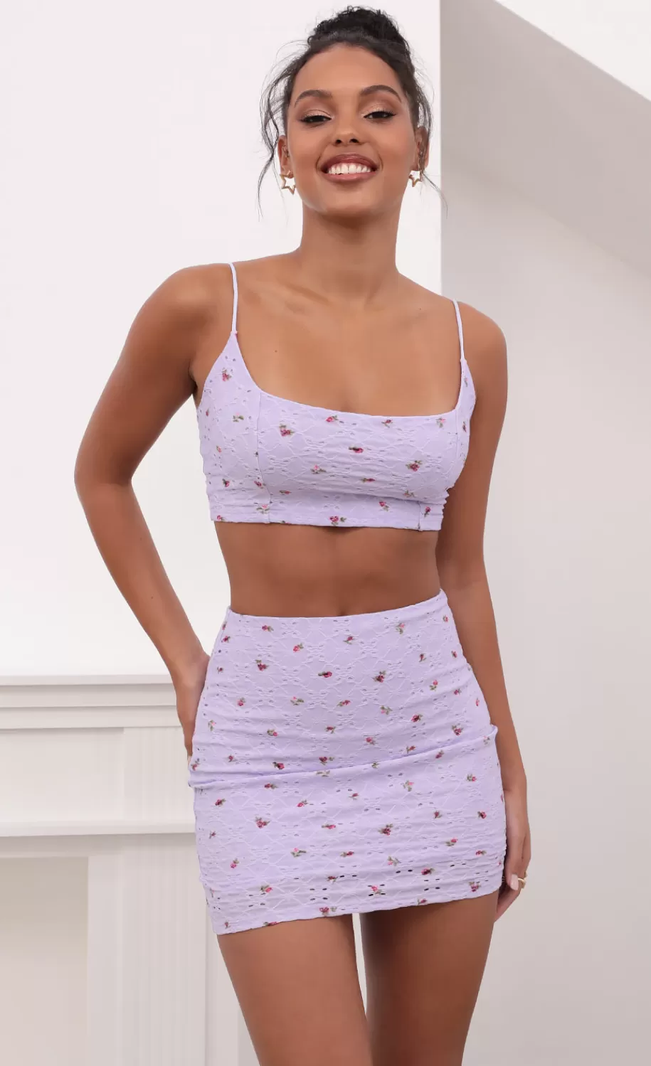 Back Tie Crop Top Set In Lilac Floral Eyelet^LUCY IN THE SKY Sale