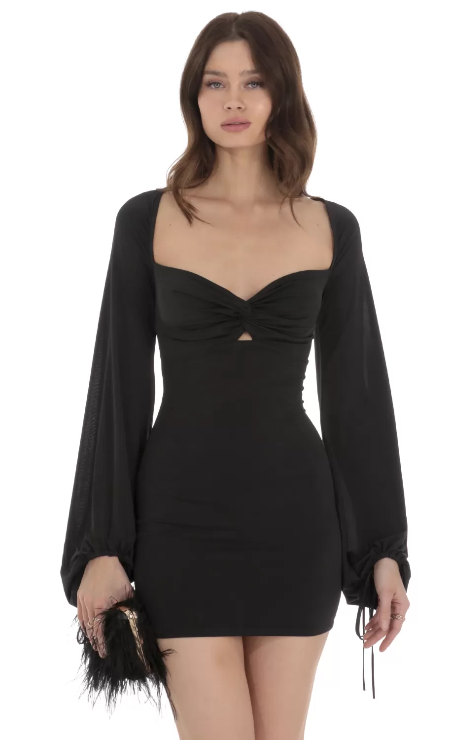 Ballon Sleeve Twist Bodycon Dress In Black^LUCY IN THE SKY Flash Sale