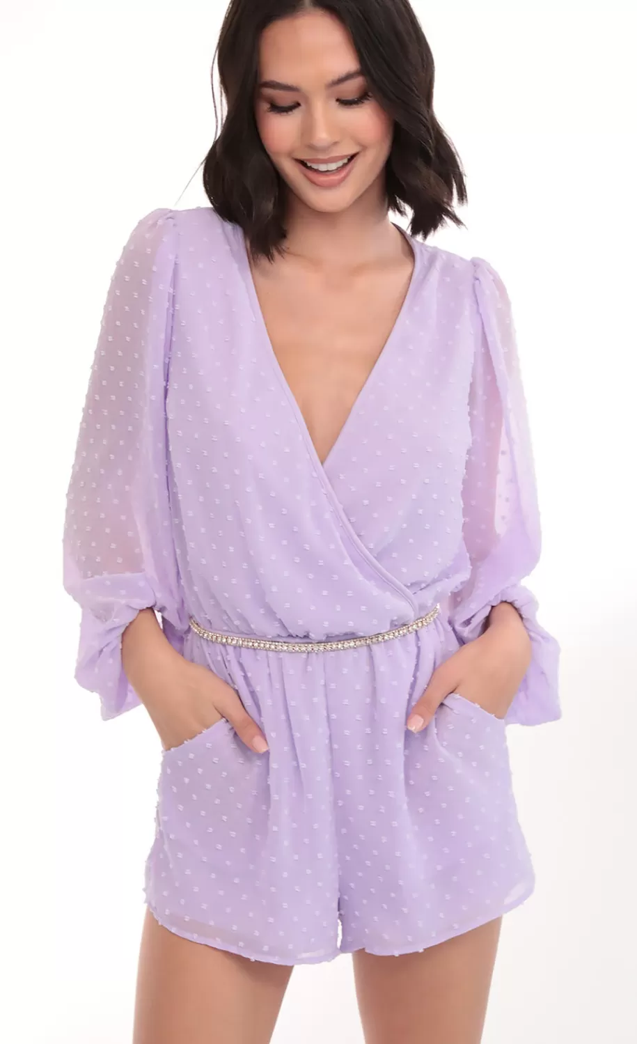 Balloon Sleeve Romper In Lilac Dots^LUCY IN THE SKY Cheap