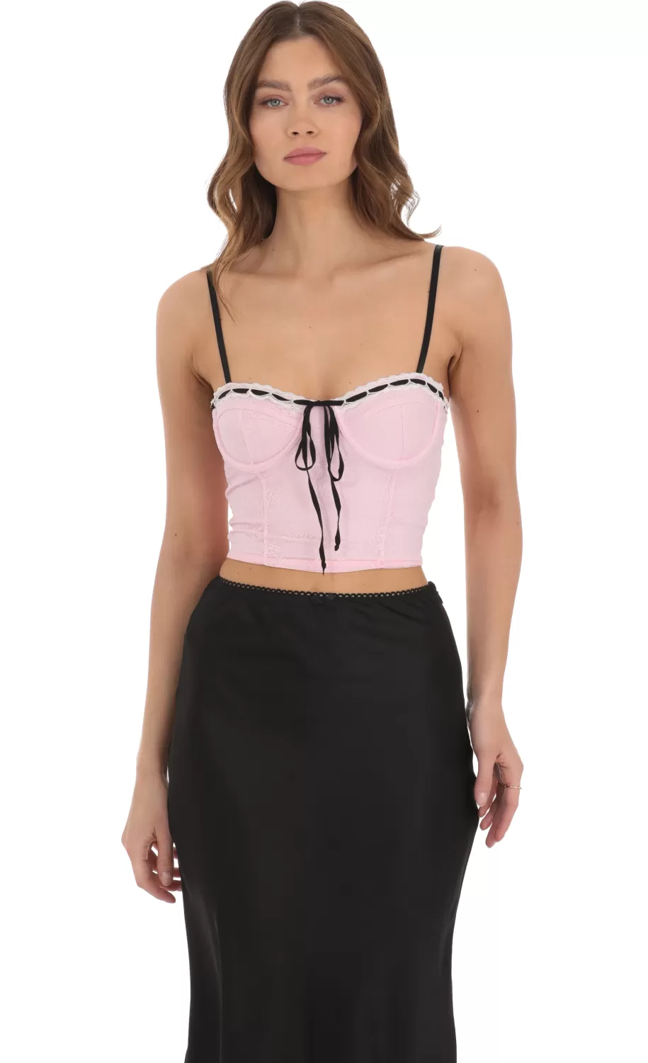 Black Ribbon Lace Crop Top In Pink^LUCY IN THE SKY Flash Sale