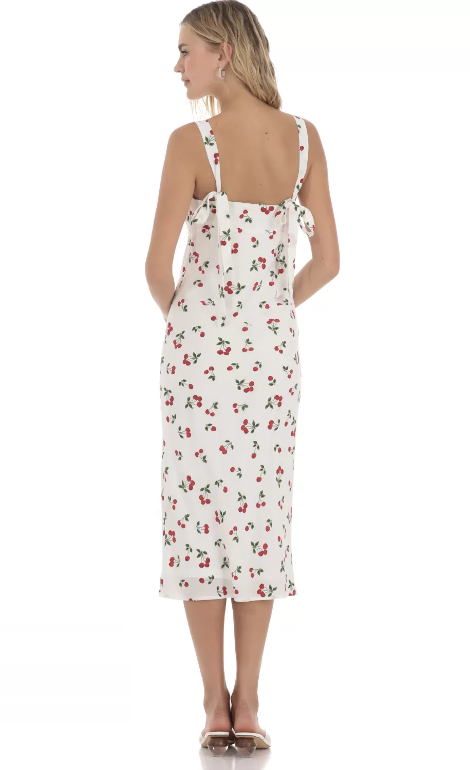 Cherry Back Ties Midi Dress In White^LUCY IN THE SKY Shop