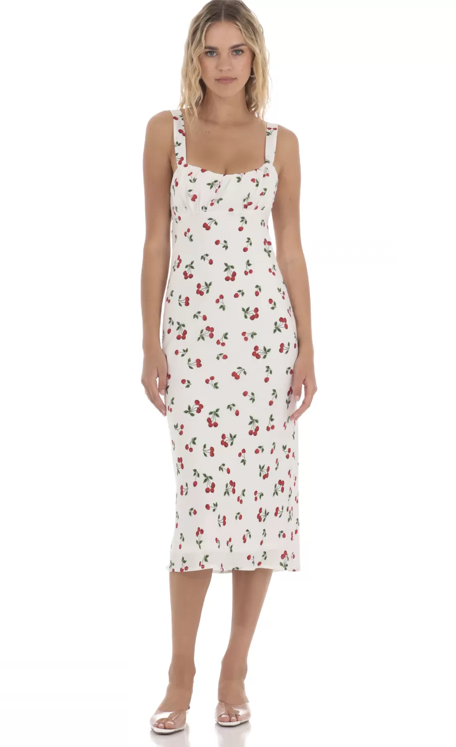 Cherry Back Ties Midi Dress In White^LUCY IN THE SKY Shop