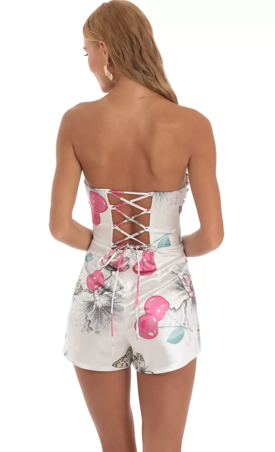 Cherry Butterfly Strapless Romper In White^LUCY IN THE SKY Shop