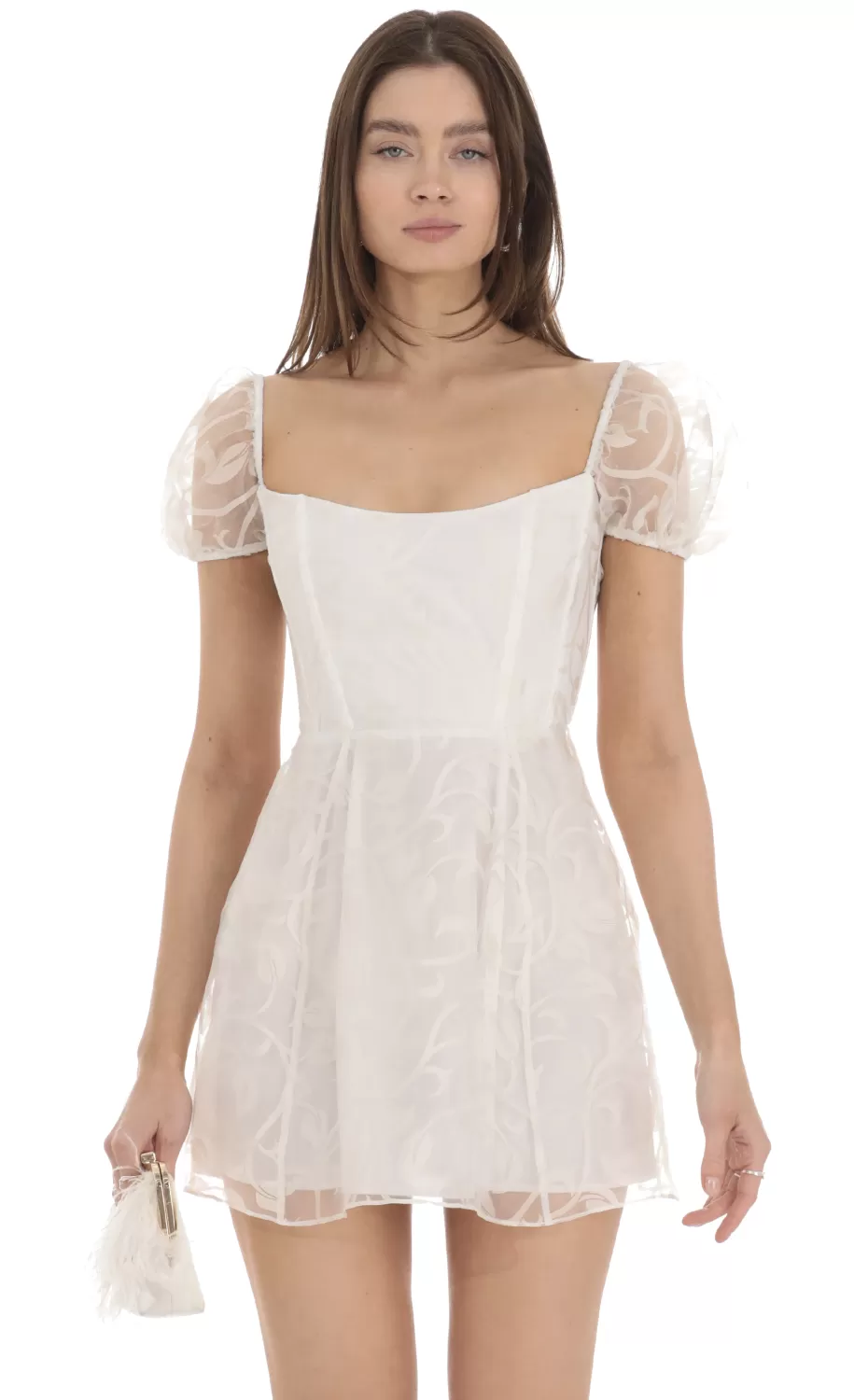 Chiffon Corset Puff Sleeve Dress In White^LUCY IN THE SKY Online