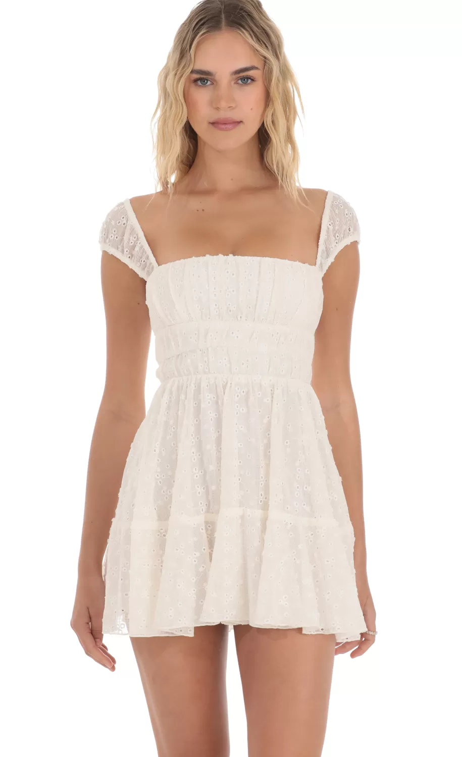 Chiffon Eyelet Cap Sleeve Dress In Cream^LUCY IN THE SKY Flash Sale