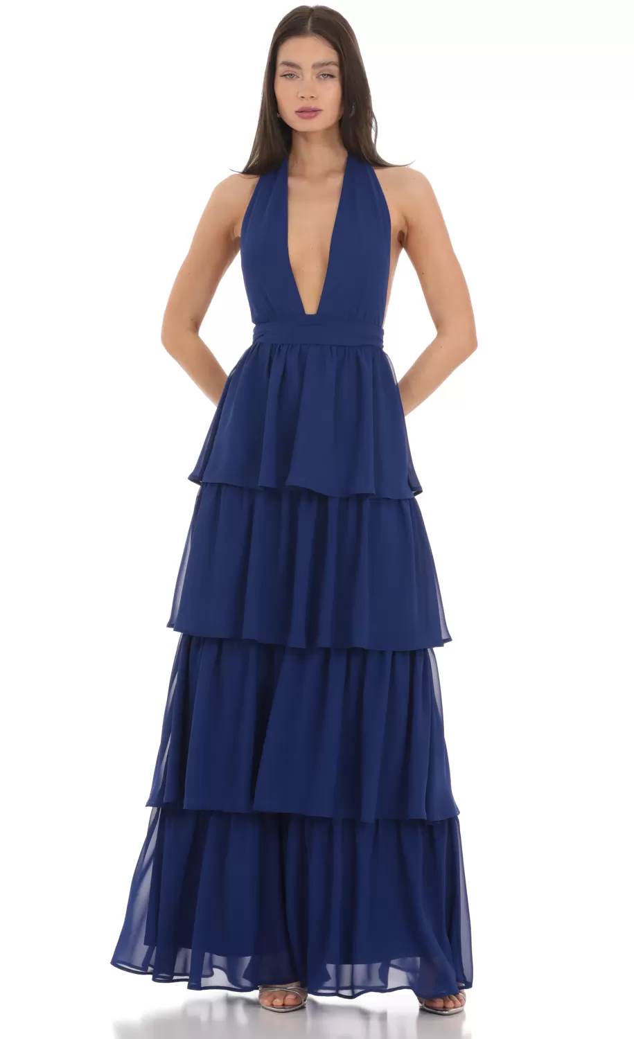 Chiffon Plunge Ruffle Dress In Blue^LUCY IN THE SKY Flash Sale