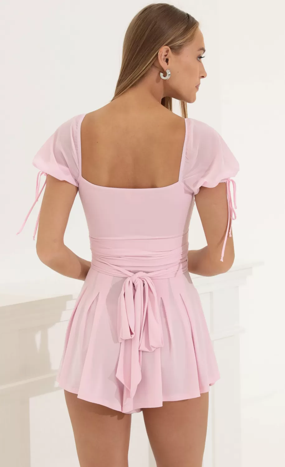 Chiffon Puff Sleeve Romper In Pink^LUCY IN THE SKY New