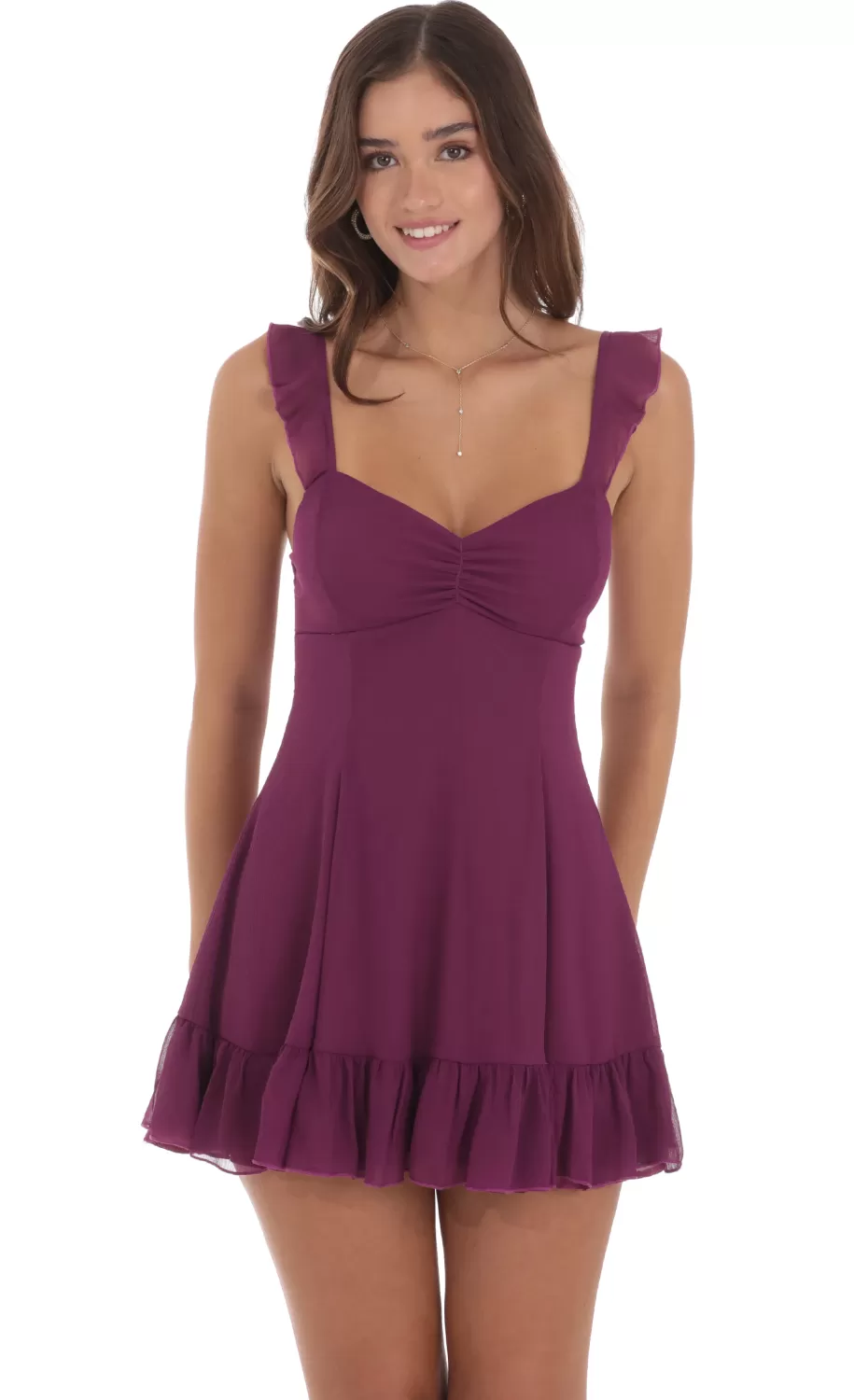 Chiffon Ruffle Strap Dress In Plum^LUCY IN THE SKY Outlet