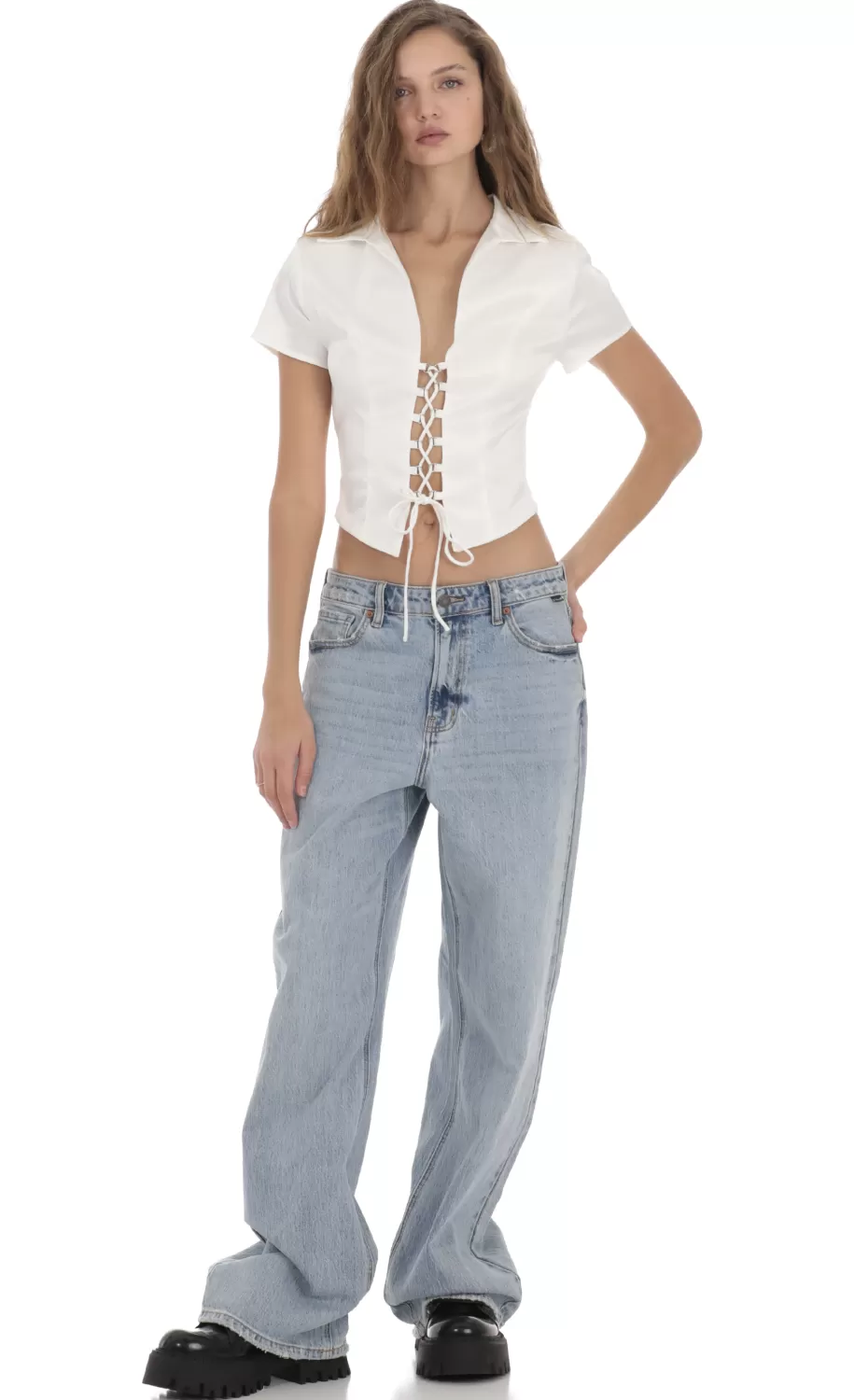 Collared Lace-Up Top In White^LUCY IN THE SKY Shop