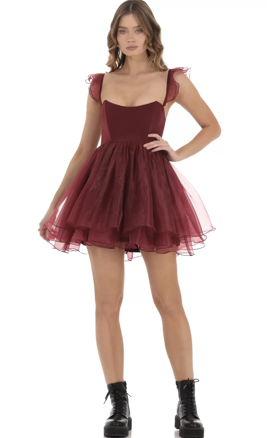 Corset Flare Dress In Maroon^LUCY IN THE SKY New