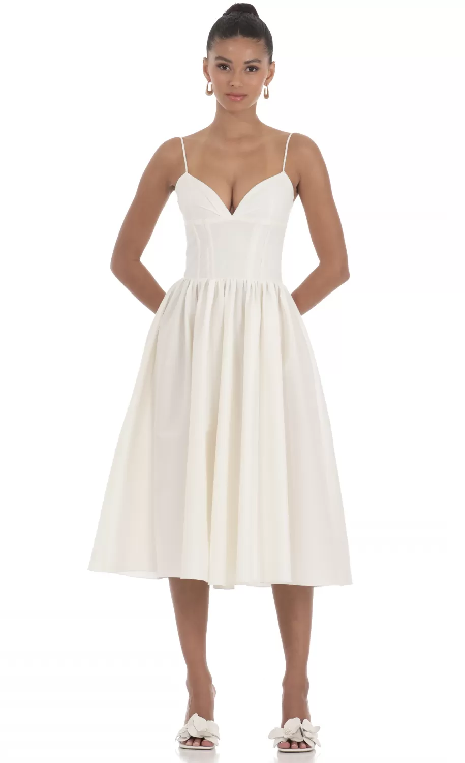 Corset V-Neck Midi Dress In Ivory^LUCY IN THE SKY Cheap