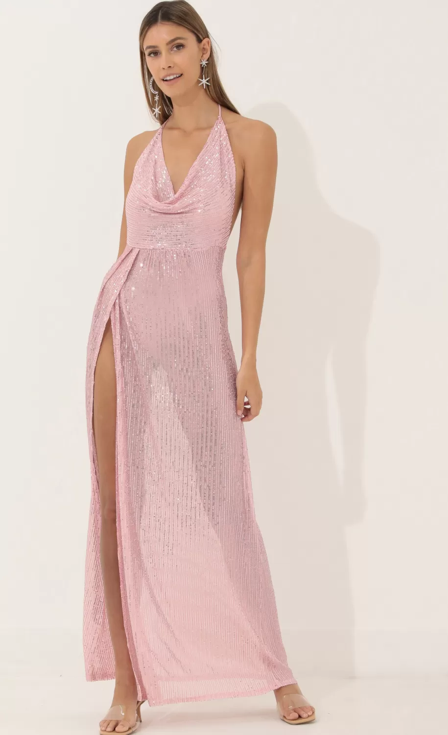 Cowl Neck Maxi Dress In Pink Sequin^LUCY IN THE SKY Store