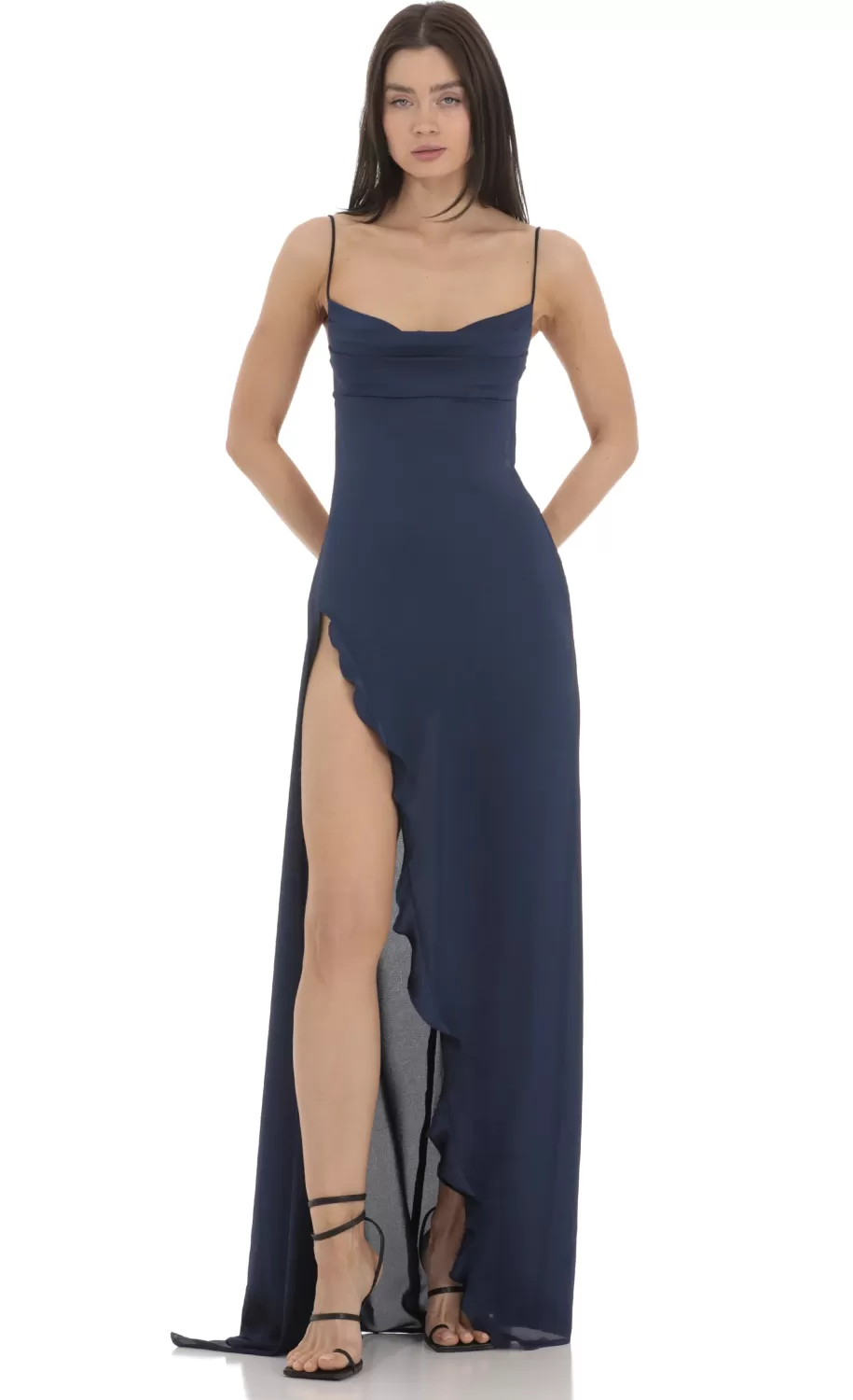 Cowl Neck Satin Open Back Maxi Dress In Navy^LUCY IN THE SKY New