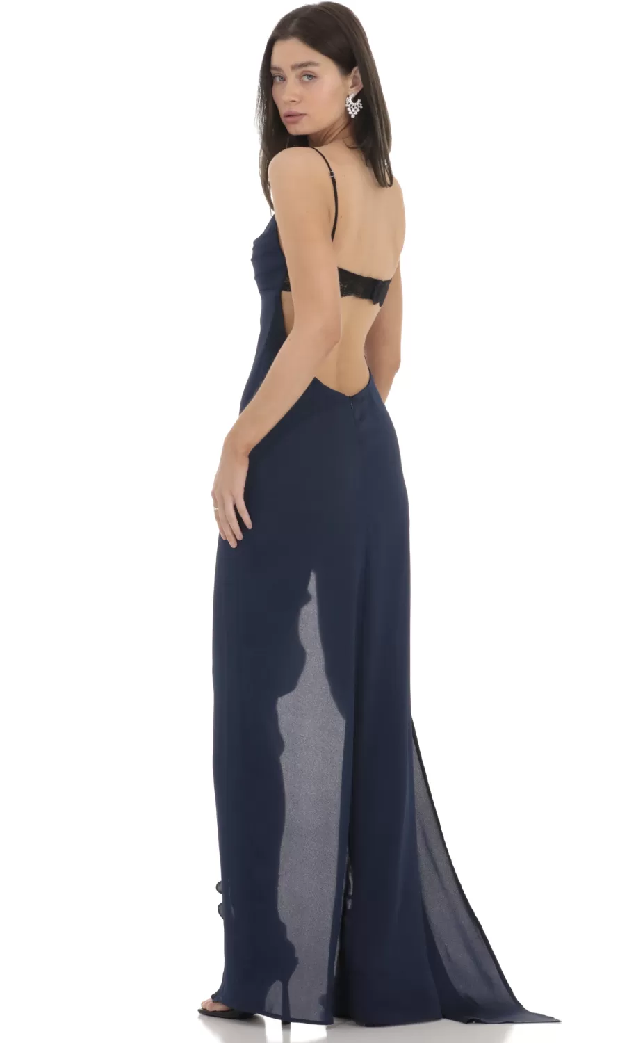 Cowl Neck Satin Open Back Maxi Dress In Navy^LUCY IN THE SKY New