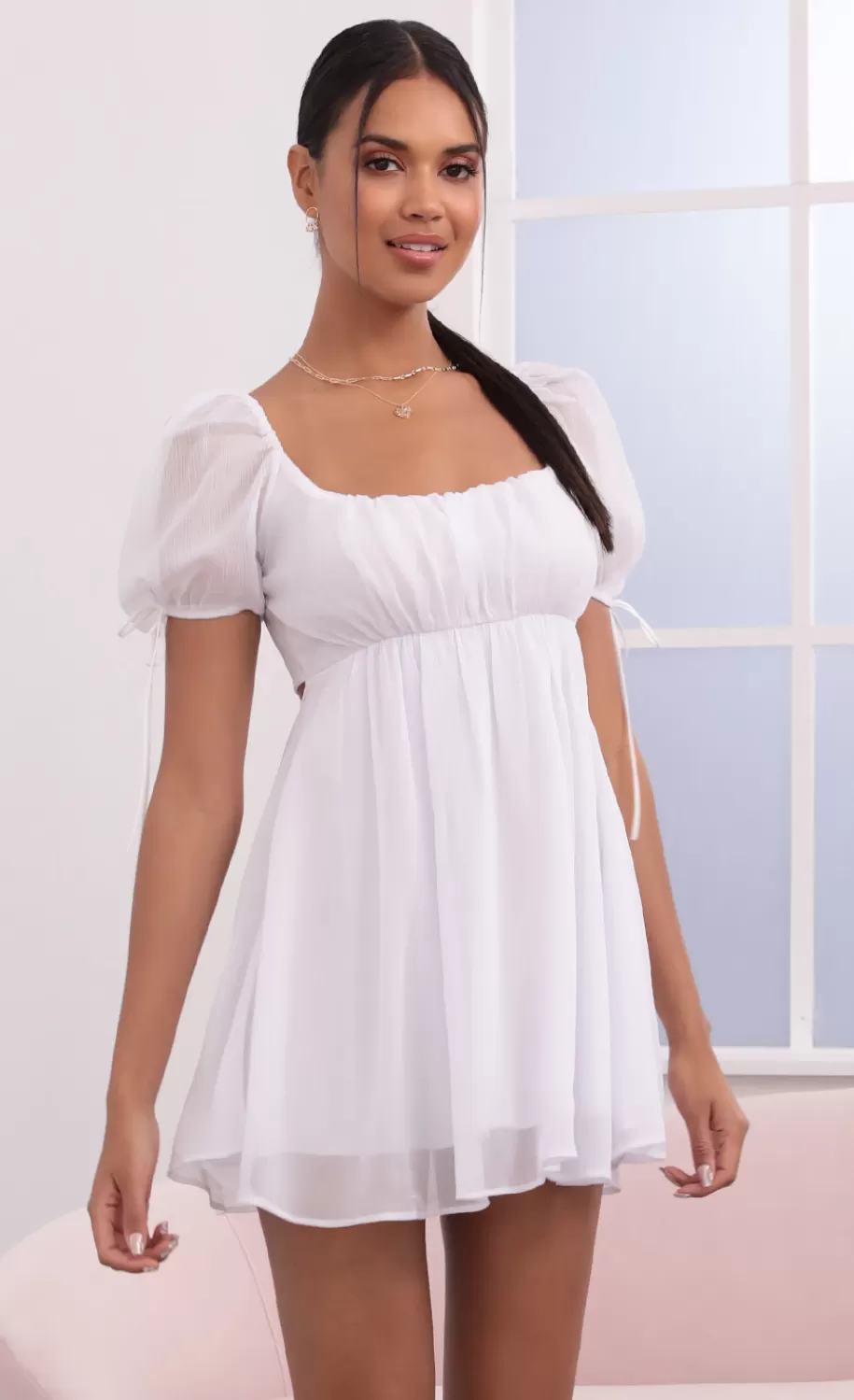 Crinkle Chiffon Baby Doll Dress In White^LUCY IN THE SKY Best Sale