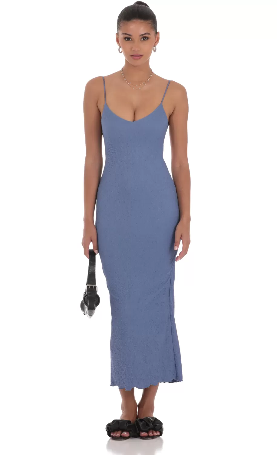 Crinkle V-Neck Bodycon Maxi Dress In Slate Blue^LUCY IN THE SKY Cheap