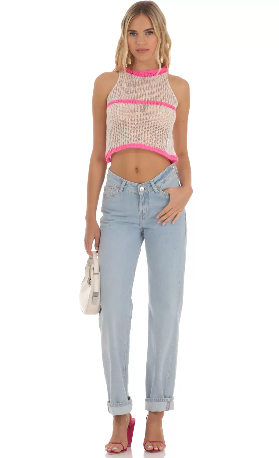 Crochet Pink Stripe Top In White^LUCY IN THE SKY Cheap