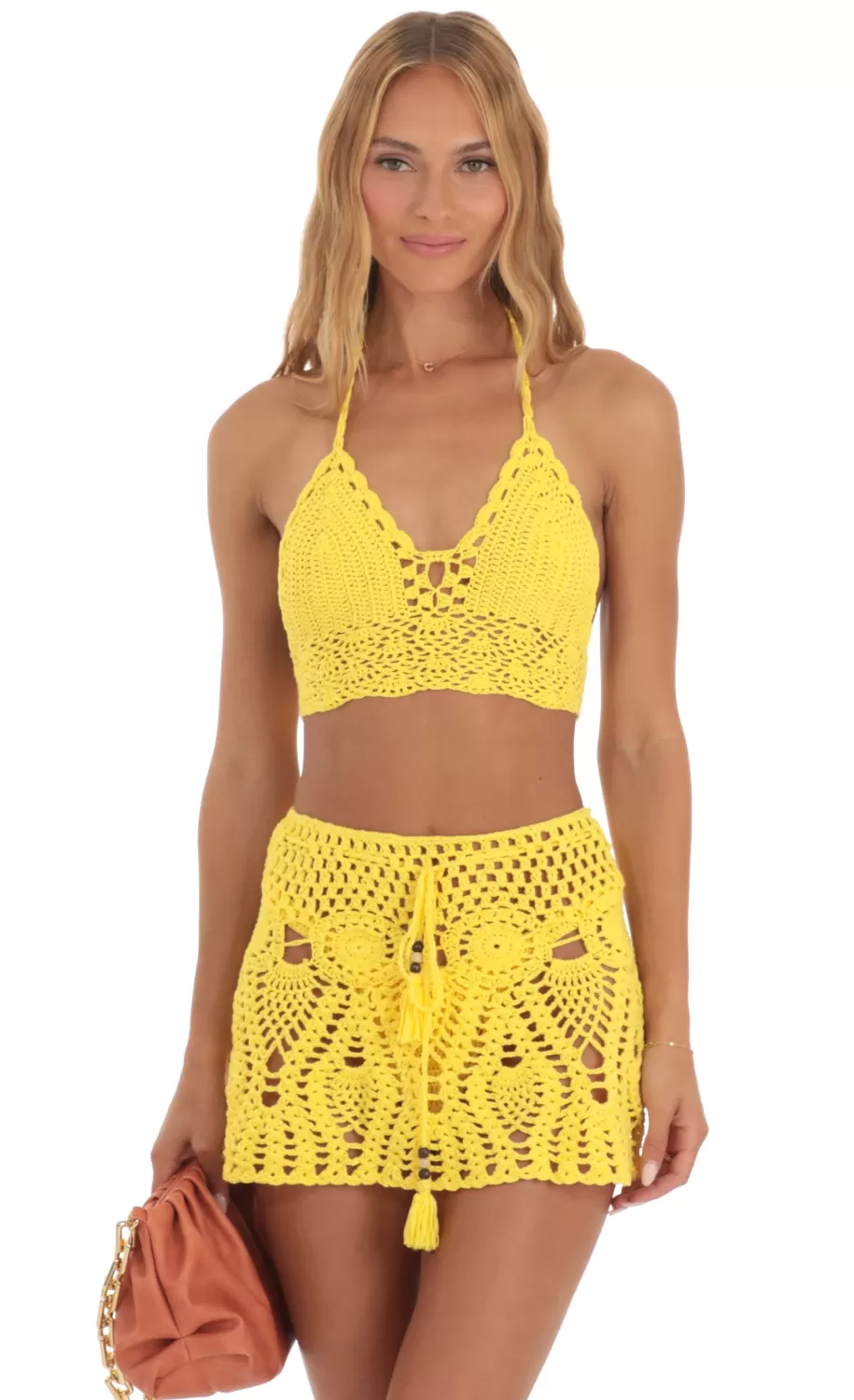 Crochet Three Piece Skirt Set In Yellow^LUCY IN THE SKY Best Sale