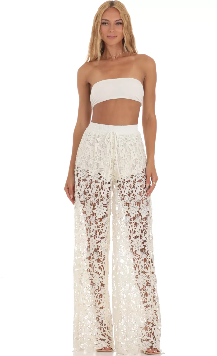 Crochet Two Piece Pants Set In Ivory^LUCY IN THE SKY Clearance