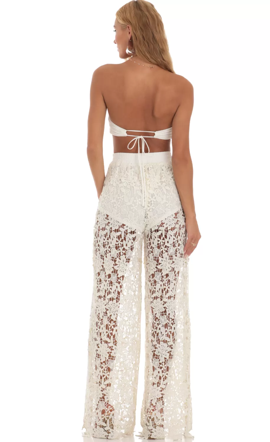 Crochet Two Piece Pants Set In Ivory^LUCY IN THE SKY Clearance