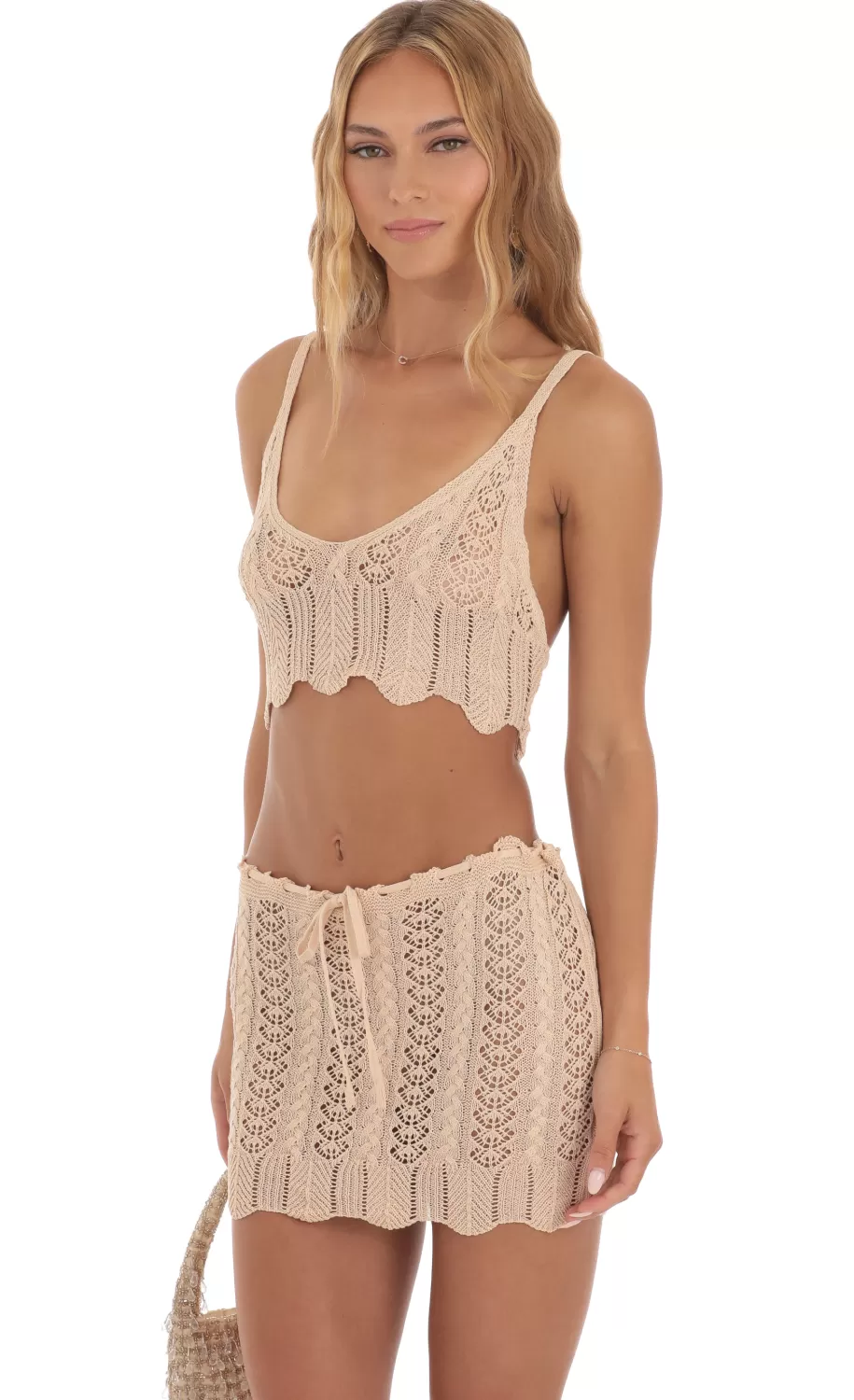 Crochet Two Piece Skirt Set In Light Brown^LUCY IN THE SKY Fashion