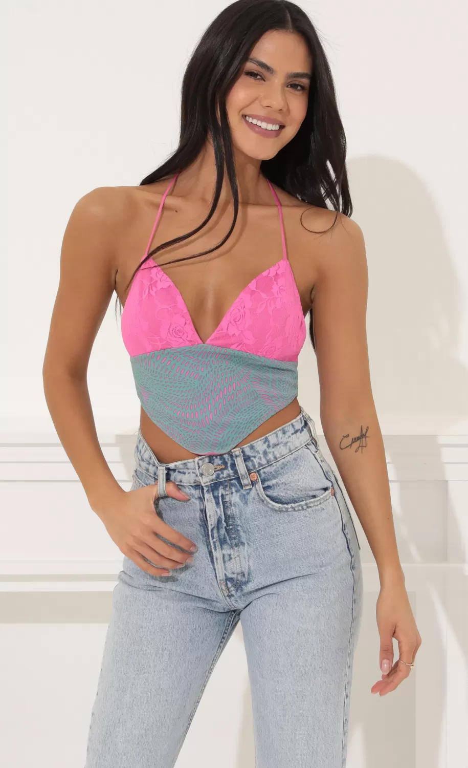 Crop Top In Pink Multi^LUCY IN THE SKY Clearance