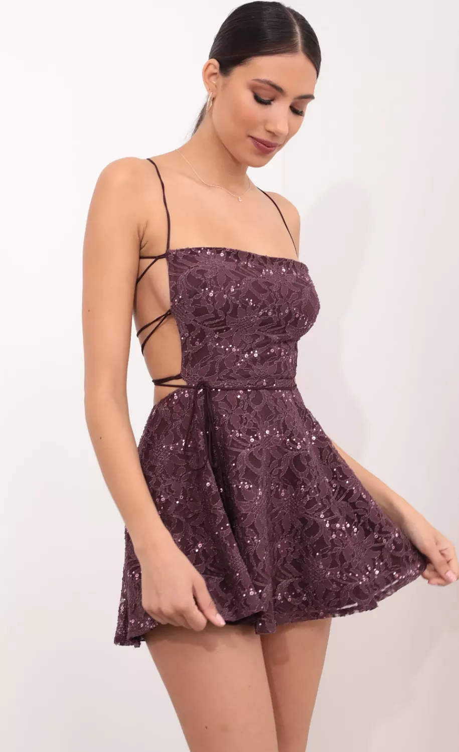 Cutout A-line Dress In Aubergine Lace^LUCY IN THE SKY Cheap