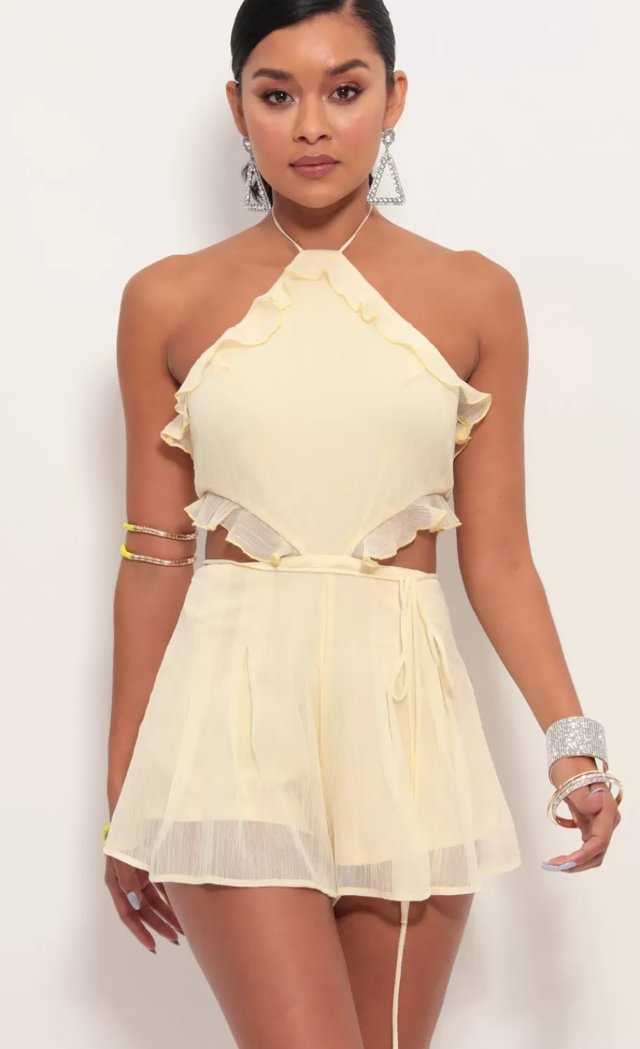 Cutout Halter Romper In Light Yellow^LUCY IN THE SKY Clearance