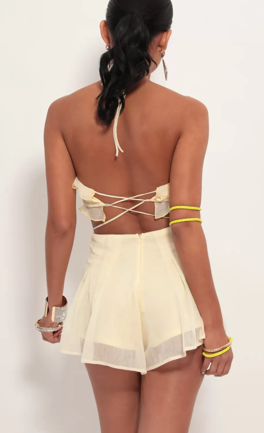 Cutout Halter Romper In Light Yellow^LUCY IN THE SKY Clearance