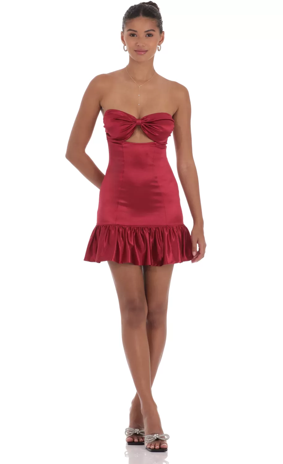 Cutout Satin Starpless Dress In Maroon^LUCY IN THE SKY Fashion