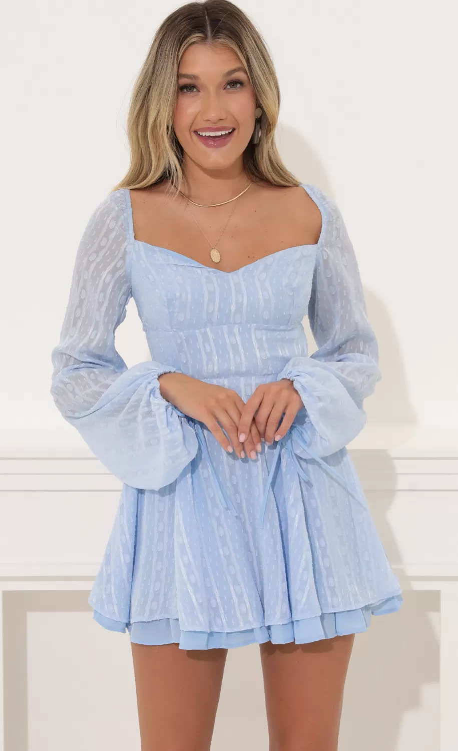 Deborah Dotted Chiffon Fit And Flare Dress In Blue^LUCY IN THE SKY Shop