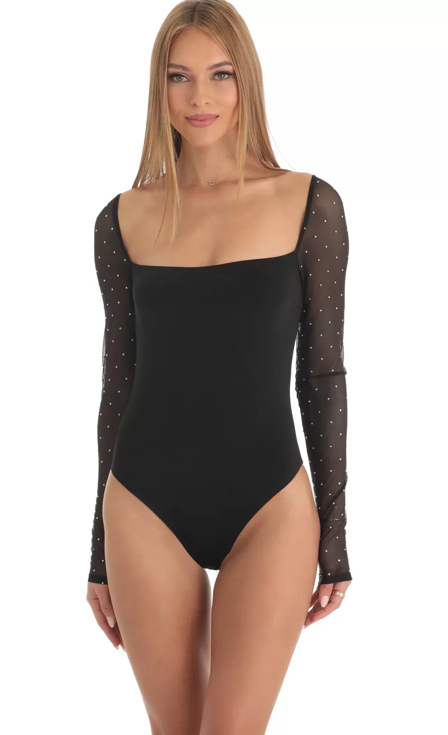 Diamond Glitter Square Neck Bodysuit In Black^LUCY IN THE SKY Flash Sale