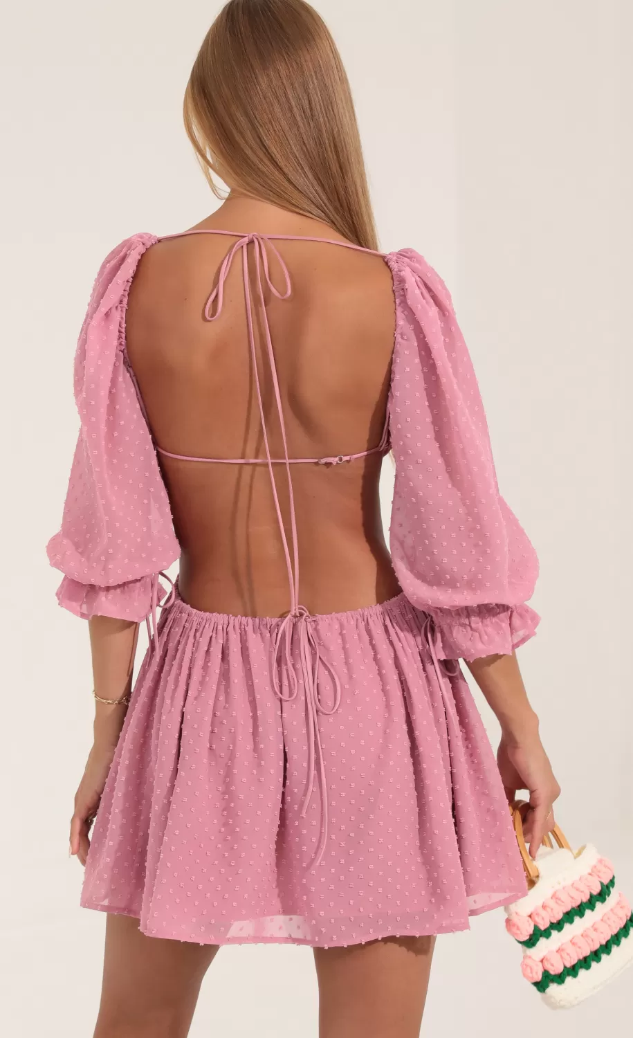 Dotted Chiffon Open Back Dress In Pink^LUCY IN THE SKY Clearance