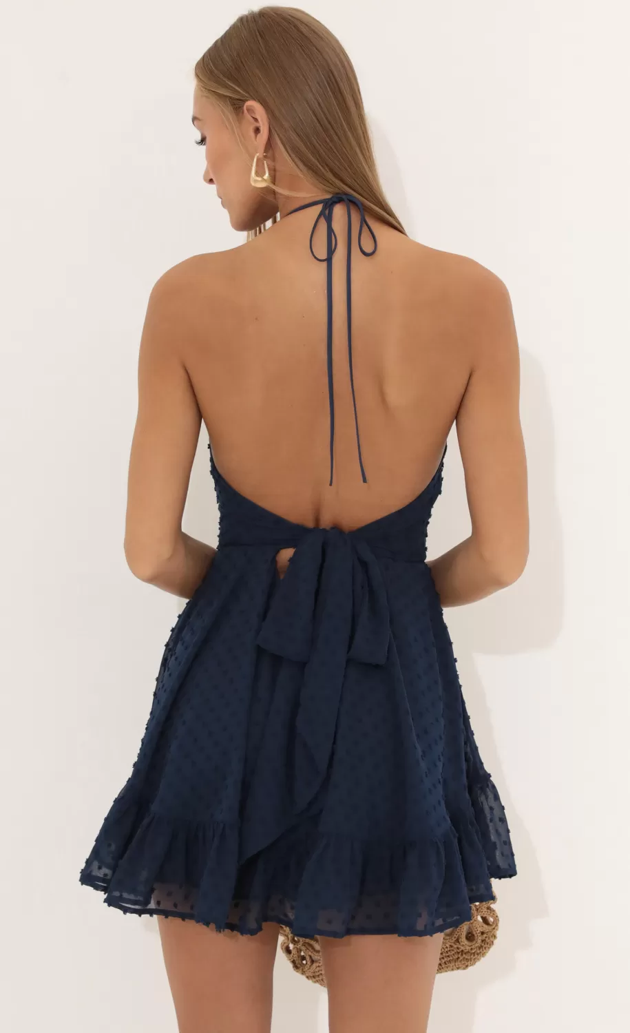 Dotted Chiffon Ruffle Dress In Navy^LUCY IN THE SKY Shop