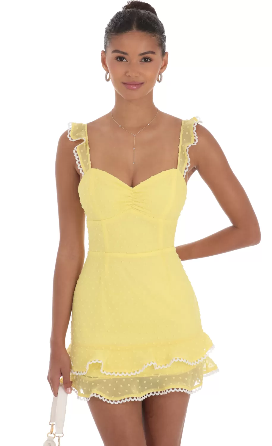 Dotted Chiffon Sweetheart Dress In Yellow^LUCY IN THE SKY Cheap