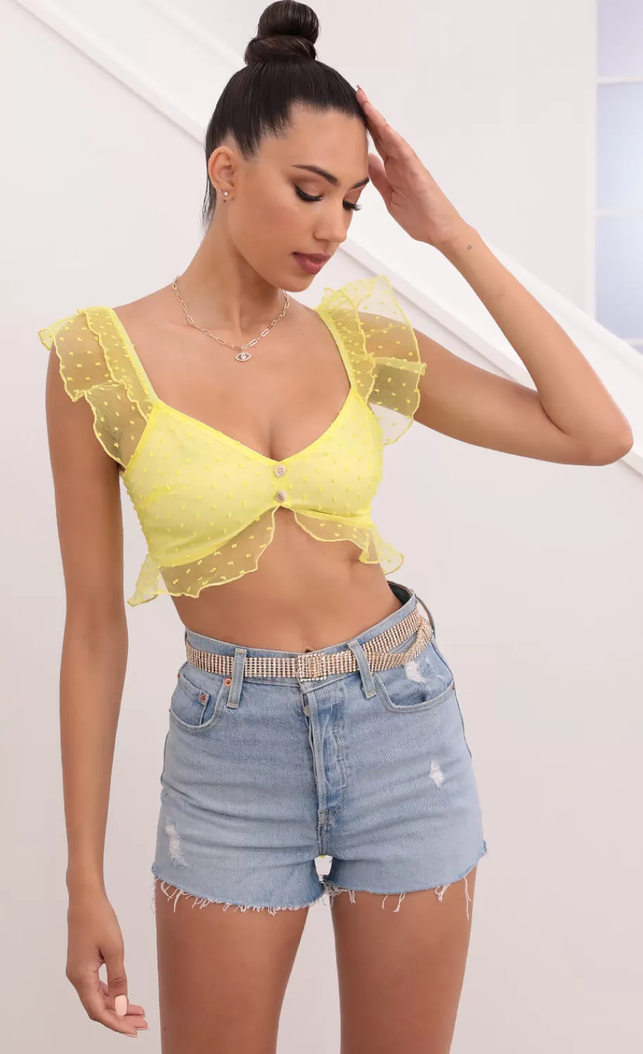 Dotted Chiffon Top In Yellow^LUCY IN THE SKY Clearance