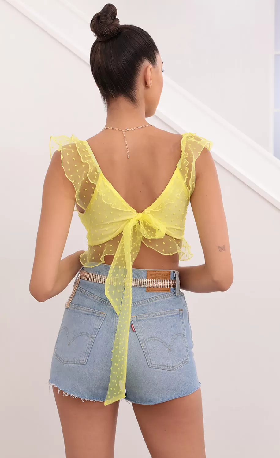 Dotted Chiffon Top In Yellow^LUCY IN THE SKY Clearance