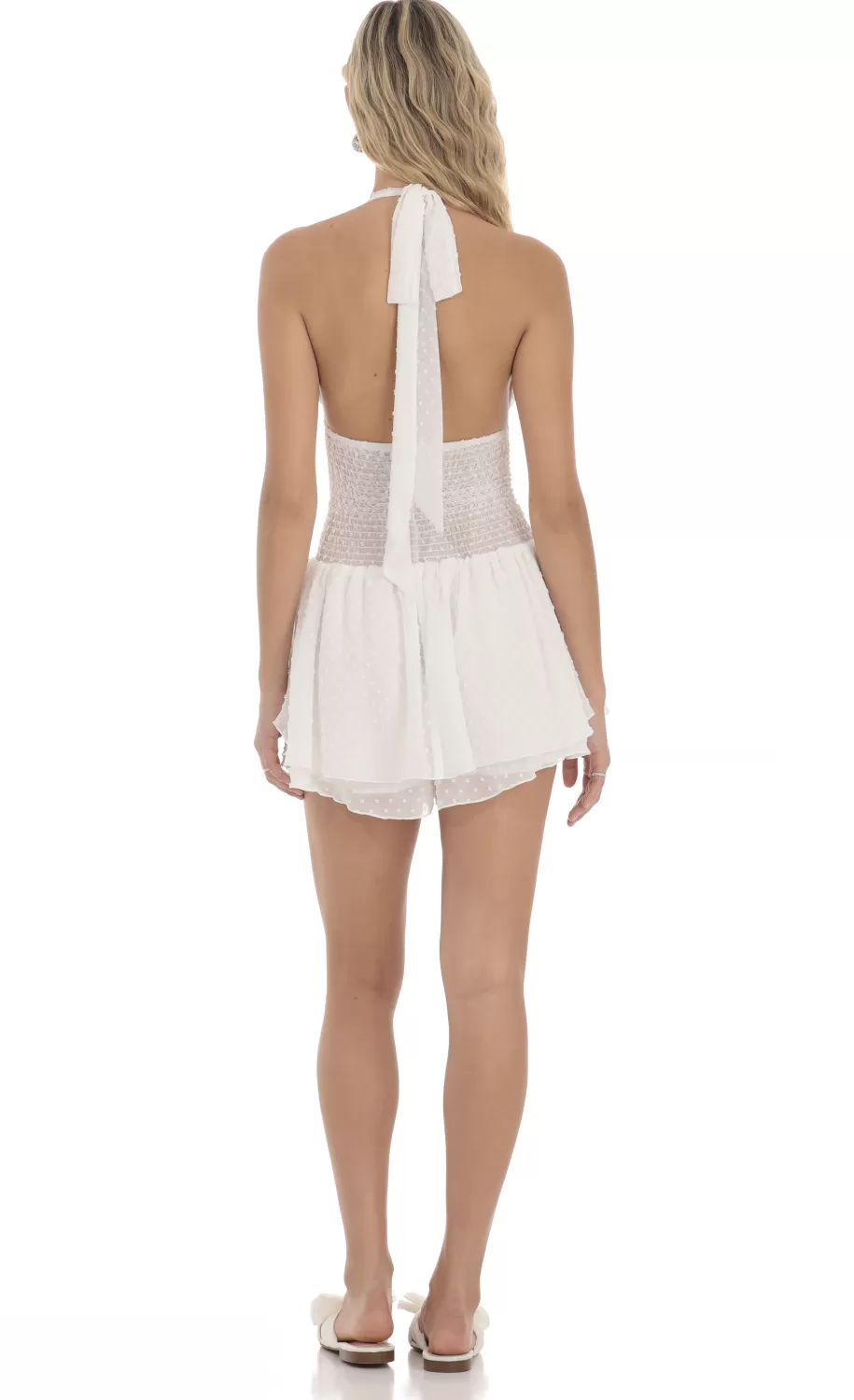 Dotted Halter Smocked Romper In White^LUCY IN THE SKY New