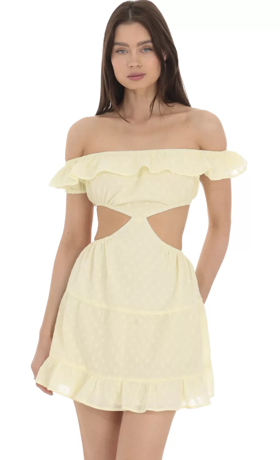 Dotted Off Shoulder Cutout Dress In Yellow^LUCY IN THE SKY Best