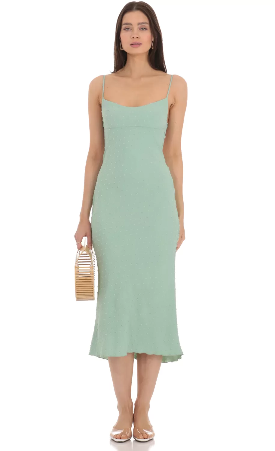 Dotted Open Back Midi Dress In Green^LUCY IN THE SKY Flash Sale