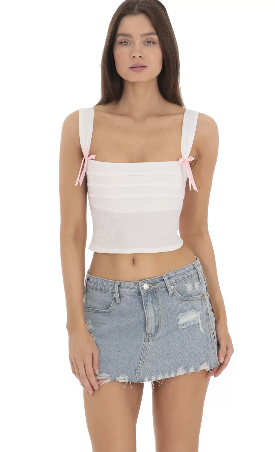 Double Pink Bows Top In White^LUCY IN THE SKY Shop