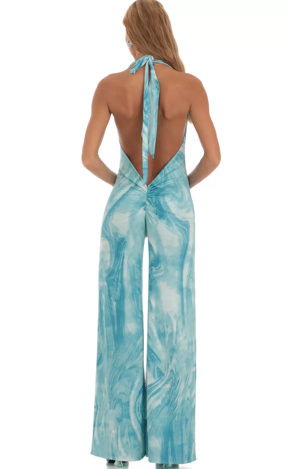 Drape Open Back Jumpsuit In Blue Swirl^LUCY IN THE SKY Online