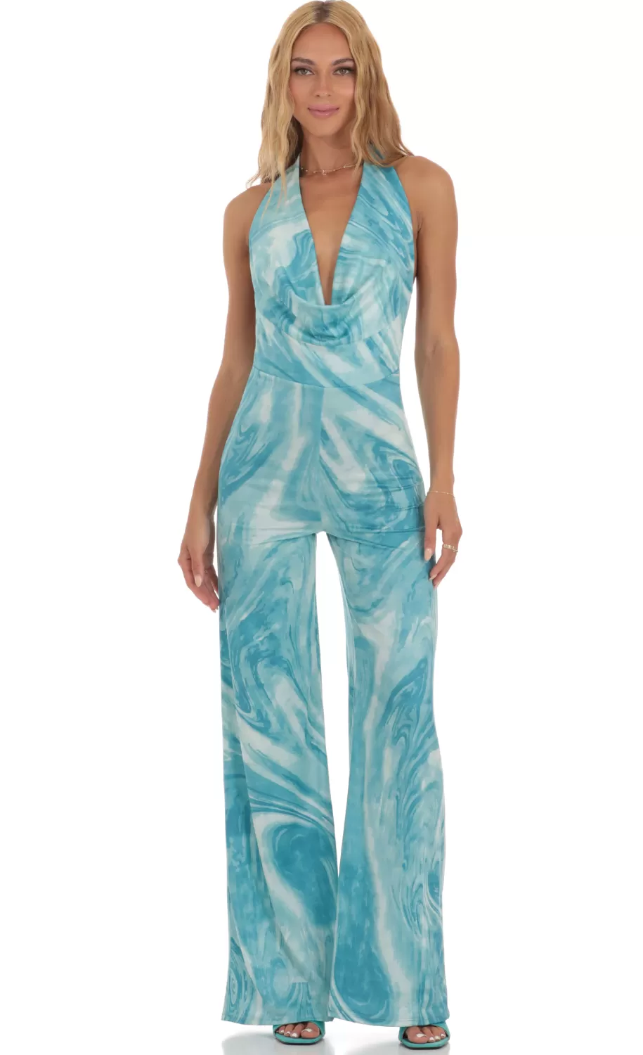 Drape Open Back Jumpsuit In Blue Swirl^LUCY IN THE SKY Online