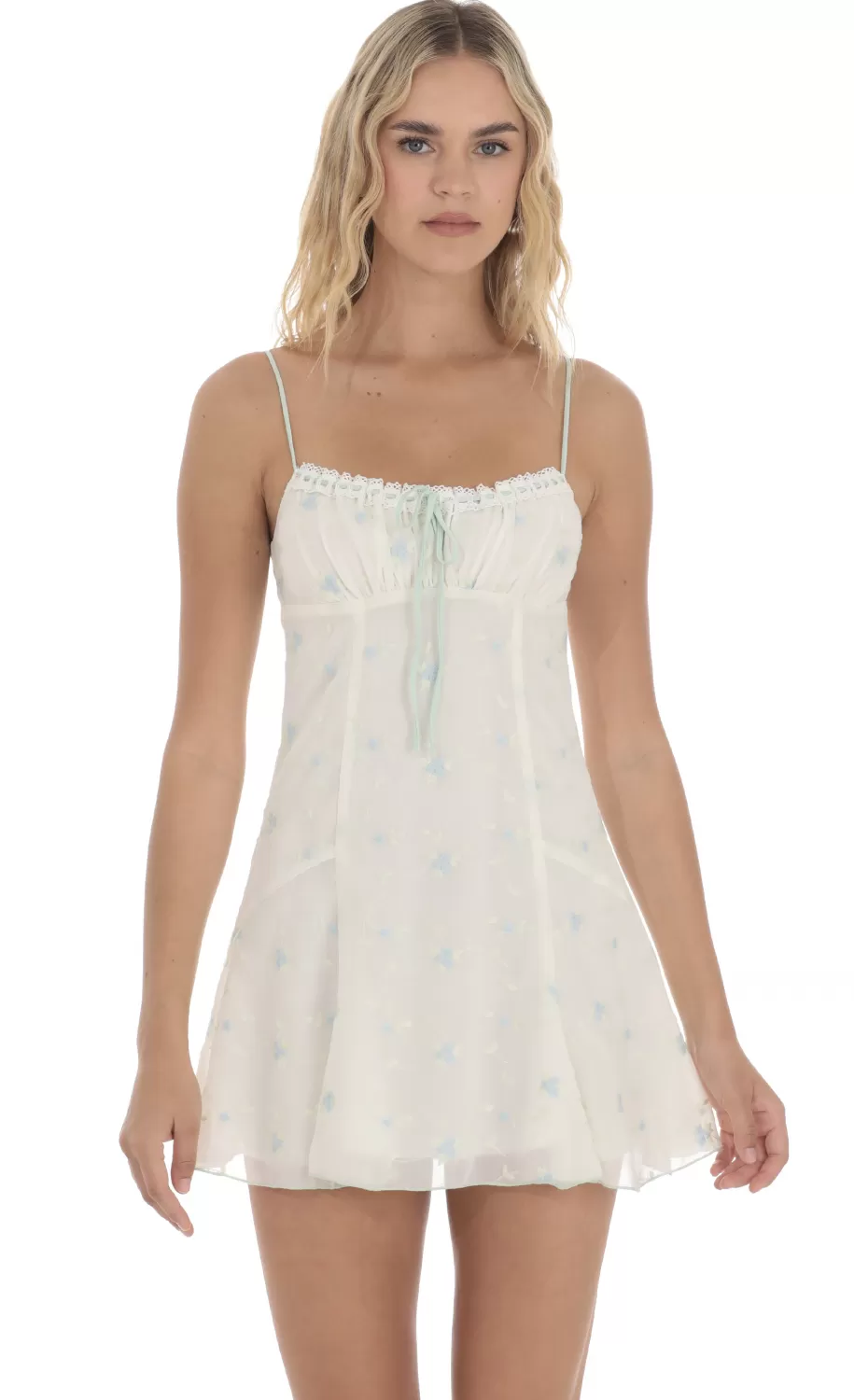 Embroidered Floral Front Tie Dress In White^LUCY IN THE SKY Outlet