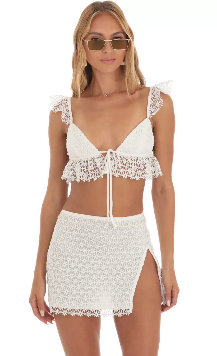 Embroidered Floral Two Piece Set In White^LUCY IN THE SKY Fashion