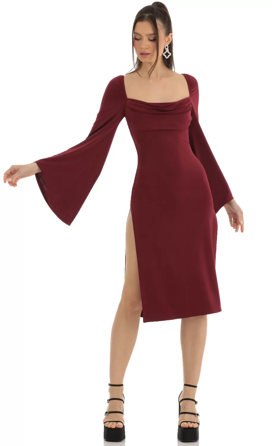 Flare Sleeve Midi Dress In Red^LUCY IN THE SKY Store