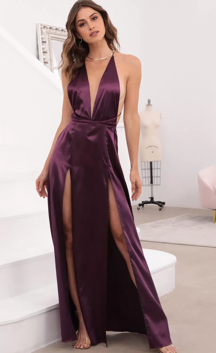 Flashing Lights Maxi Dress In Purple Satin^LUCY IN THE SKY Cheap