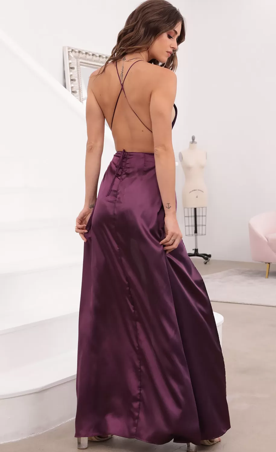 Flashing Lights Maxi Dress In Purple Satin^LUCY IN THE SKY Cheap